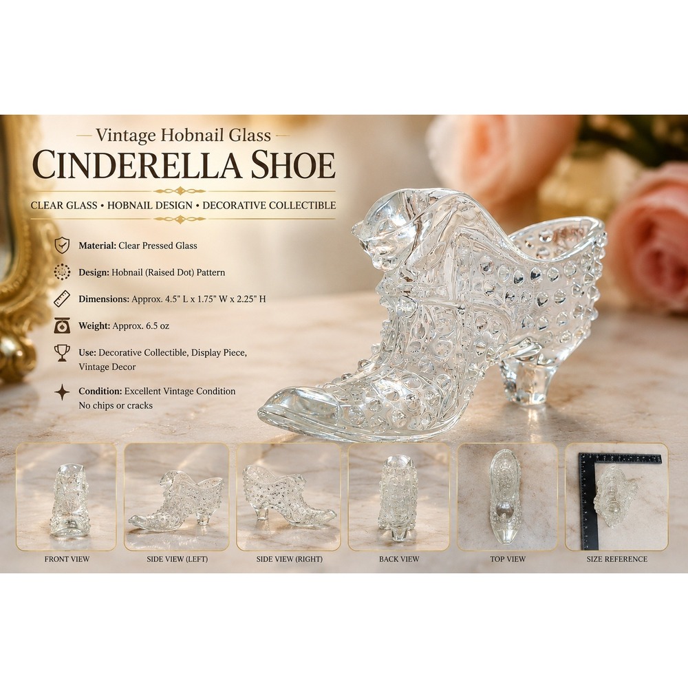Fenton Clear Glass Hobnail‎ Cat Head Slipper Boot Figurine Vintage Victorian Sty